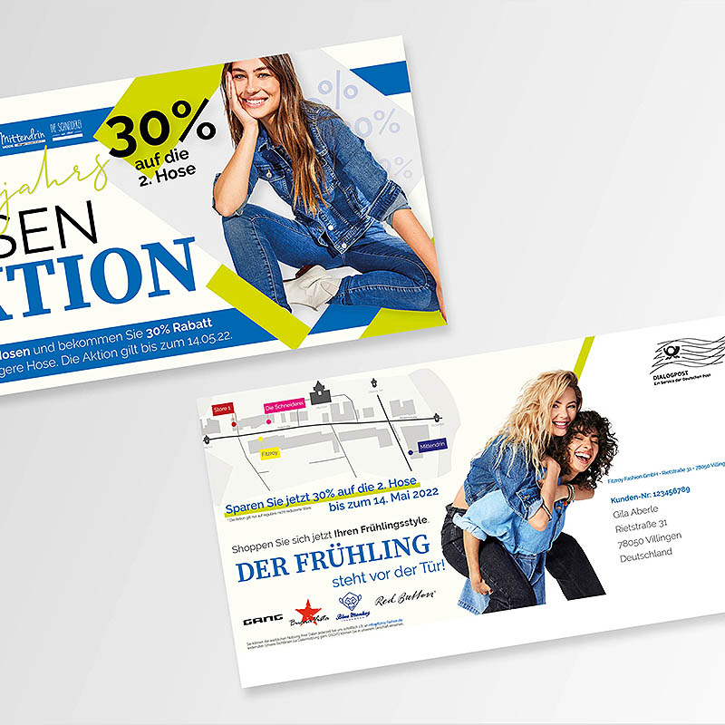 Vorder- und Rückseite einer Maxicard von Fitzroy zum Thema Hosen-Aktion im Frühling.