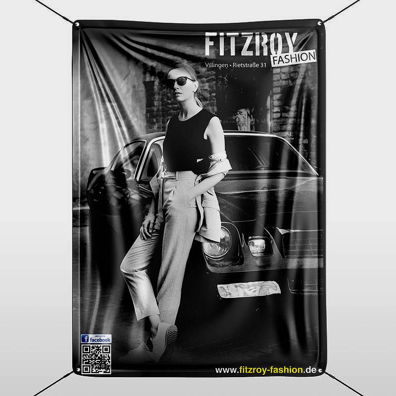 Banner des Unternehmens Fitzroy anhand von Ösen aufgehängt.