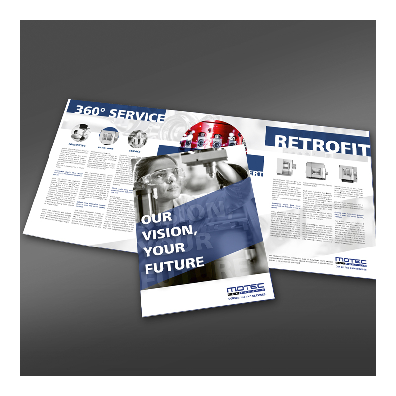 Flyer der Firma Motec auf grauem Hintergrund.